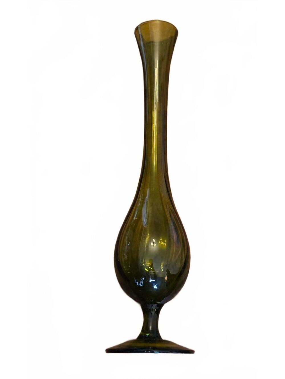 Vintage 1960's Olive Green Glass Pedestal Swirl Bud Vase 11 Inch
